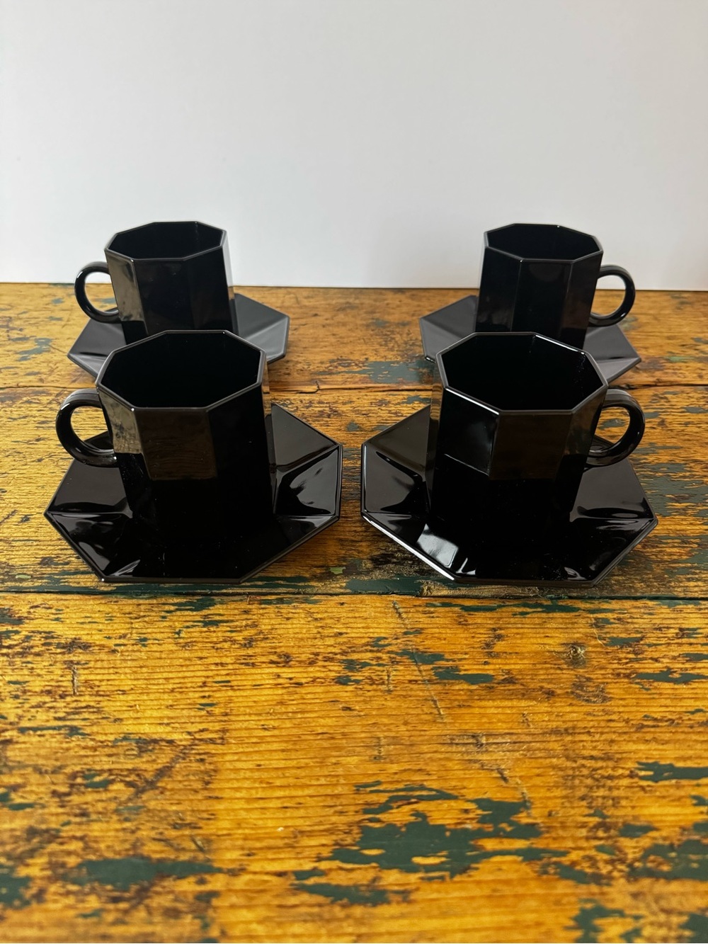 Octagonal Black Espresso Cup and Saucer Set - Gloss Finish, 4 Pieces